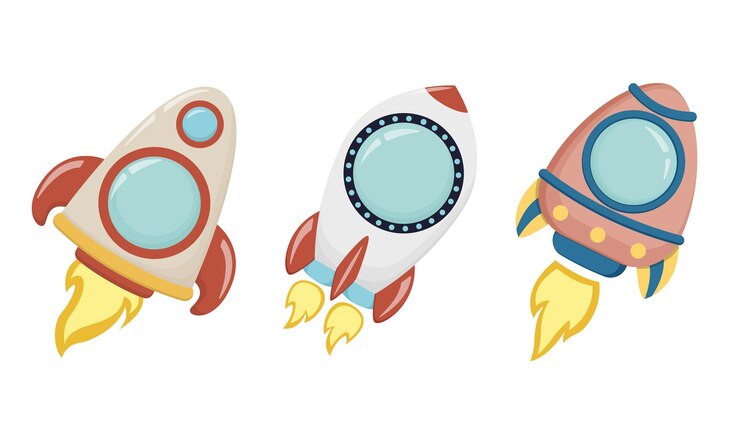 Conjunto de cohetes de dibujos animados. Tema espacial, elementos para su diseño. Ilustración de vector de niños Eps10.