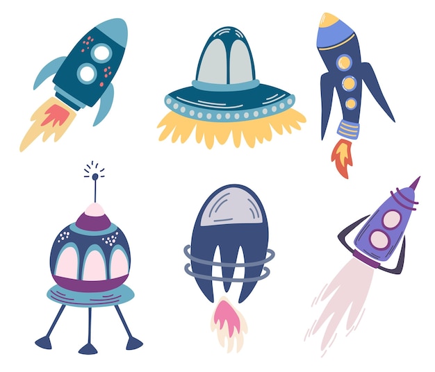 Conjunto de cohetes espaciales cohete satélite ovni cohete de dibujos animados para ropa o textiles de moda para niños vector mano dibujar ilustración aislada en el fondo blanco