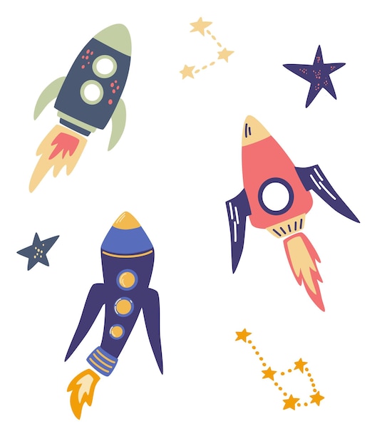 Conjunto de cohetes espaciales. Objetos espaciales de dibujos animados. cohete, estrellas y constelaciones. Colección de vehículos voladores. Dibujar a mano cohetes para ropa o textiles para niños de moda. Ilustración vectorial.