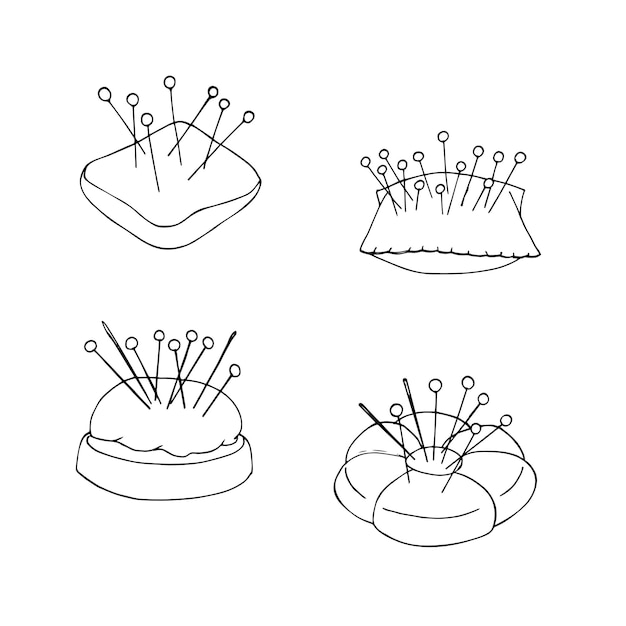 Vector conjunto de cojines de alfileres dibujados a mano con agujas y alfileres