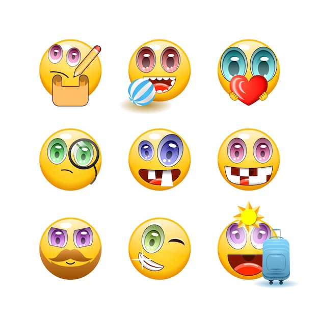 Conjunto Colección abstracta Caras amarillas Emotiocons Vector Diseño Estilo Iconos Expresión facial