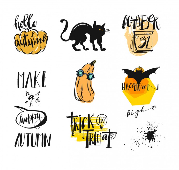 Vector conjunto de colección abstracta dibujada a mano. insignias de otoño y halloween, etiquetas, cintas, elementos, tarjetas, iconos, impresiones, carteles con calabazas, gato y letras escritas a mano.