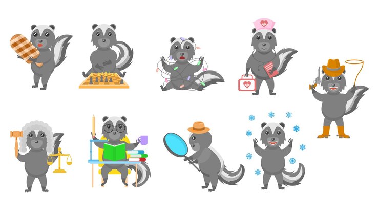 Vector conjunto colección abstracta dibujos animados planos diferentes animales mofeta elementos de estilo de diseño vectorial fauna salvaje