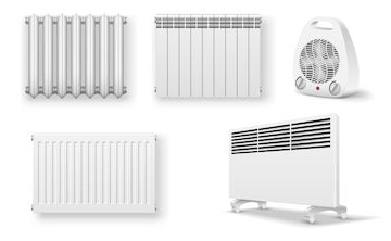 Conjunto de colección de aparatos de radiador de calefacción. radiador de  pared y dispositivo eléctrico de aceite, convector y ventilador de calor  con control de temperatura. plantilla realista ilustraciones vectoriales 3d