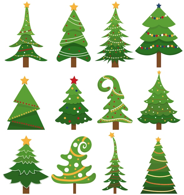 conjunto de colección de árbol de navidad en vector de estilo plano aislado