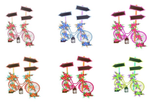 conjunto de colección de bicicletas Vintage dibujadas a mano de color agua con cesta llena de rosas decoración de bodas