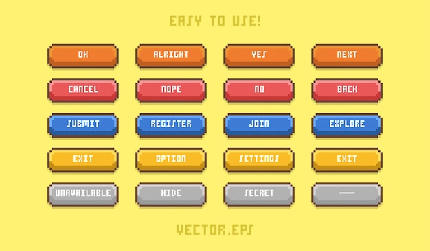 Conjunto de colección Button juego de acción ui en pixel art lindo estilo suave fondo amarillo