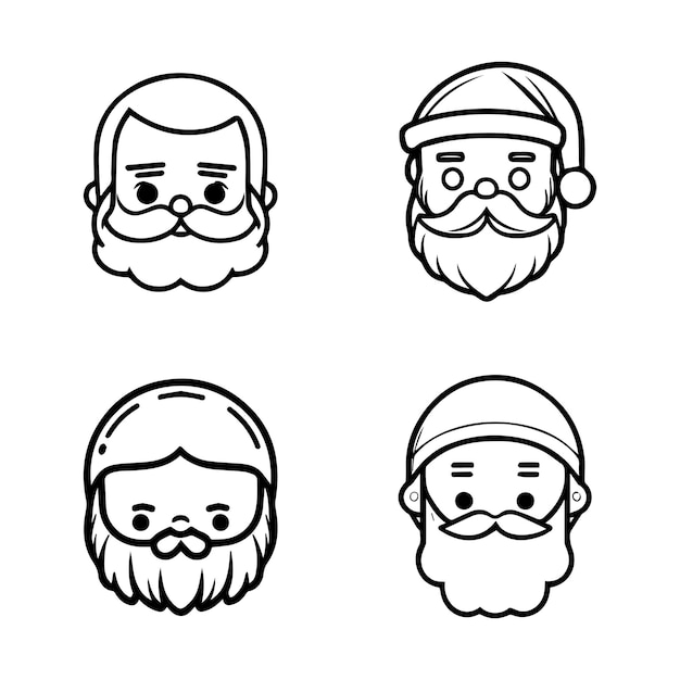 conjunto de colección de cabeza de santa claus kawaii lindo ilustración de arte de línea dibujada a mano