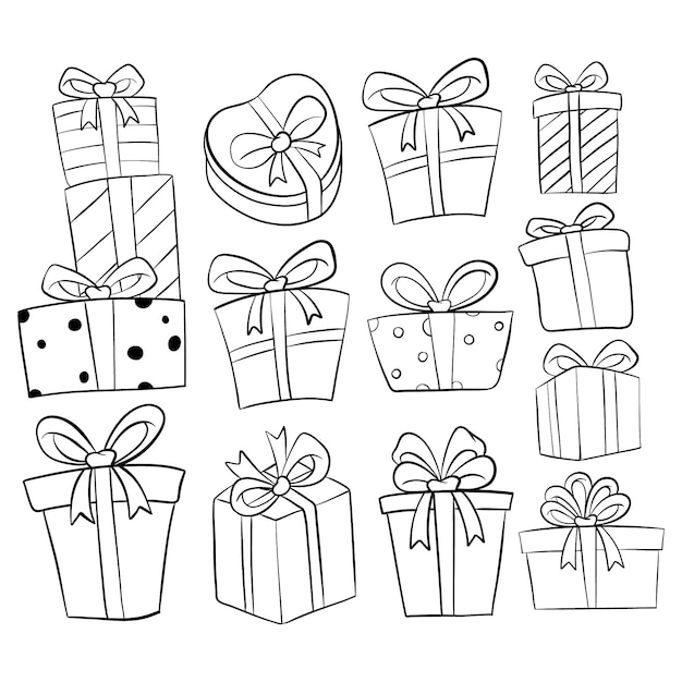 Conjunto de colección de caja de regalo de cumpleaños con estilo dibujado a mano o Doodle en blanco