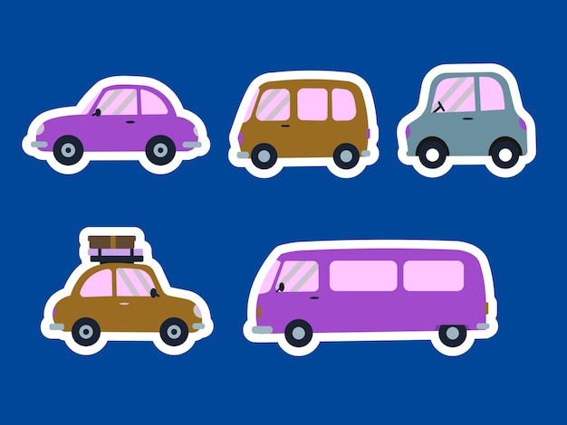 Un conjunto de colección de coches de dibujos animados diseño plano en fondo azul