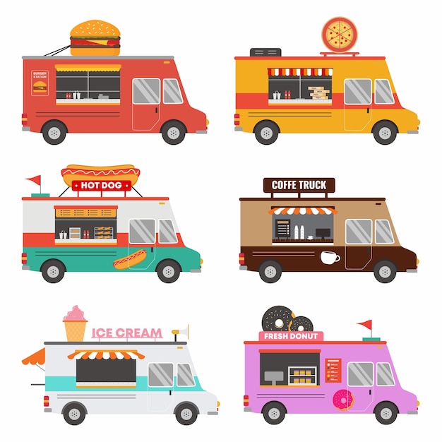 Conjunto de colección de comida rápida tienda camión pizza hamburguesa café donut helado etc aislado sobre fondo wite Street food van vehículo Servicio de entrega Vector ilustración de dibujos animados plana