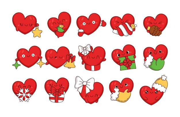 Conjunto de colección de corazones navideños kawaii de lindas ilustraciones vectoriales de personajes navideños para pegatinas