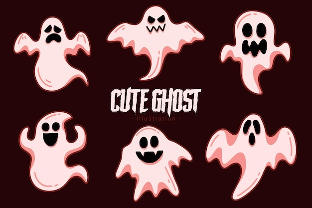 Conjunto de colección Cute Ghost Horror Cartoon diseño plano dibujado a mano Spooky emoji espíritu divertido doodle