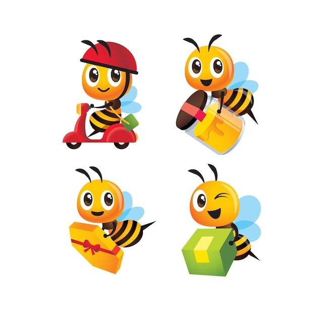 Conjunto de colección de dibujos animados lindo abeja entrega miel botella y paquete