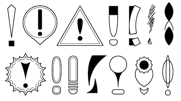 Conjunto Colección de dibujos a mano Doodle Diferentes signos de exclamación negros Estilo de diseño vectorial Dibujos animados