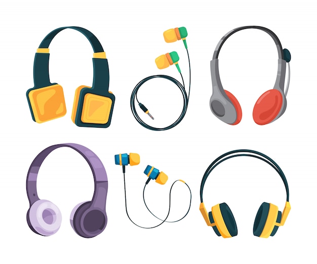 Conjunto de colección de diferentes auriculares en estilo de dibujos animados