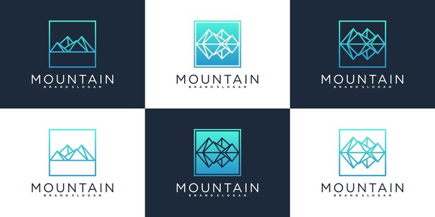 Conjunto de colección de diseño de logotipo de montaña con estilo de arte de línea moderna Premium vector