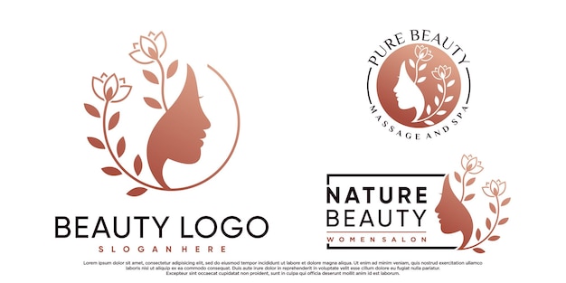 Conjunto de colección de diseño de logotipo de salón de belleza con cara de mujer y elemento creativo Vector Premium