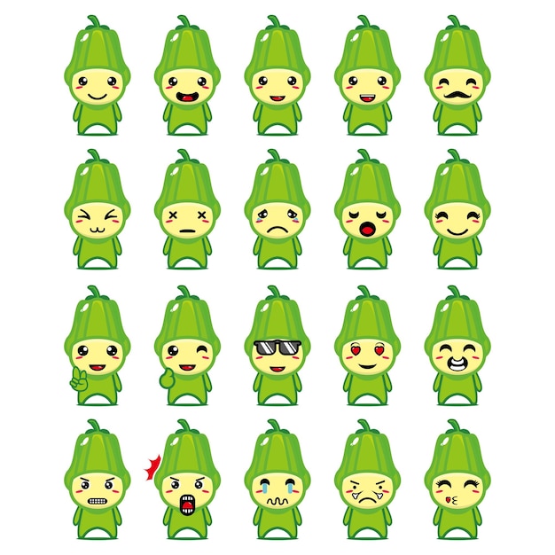 Conjunto de colección de diseño de mascota de fruta de chayote lindo aislado en un fondo blanco