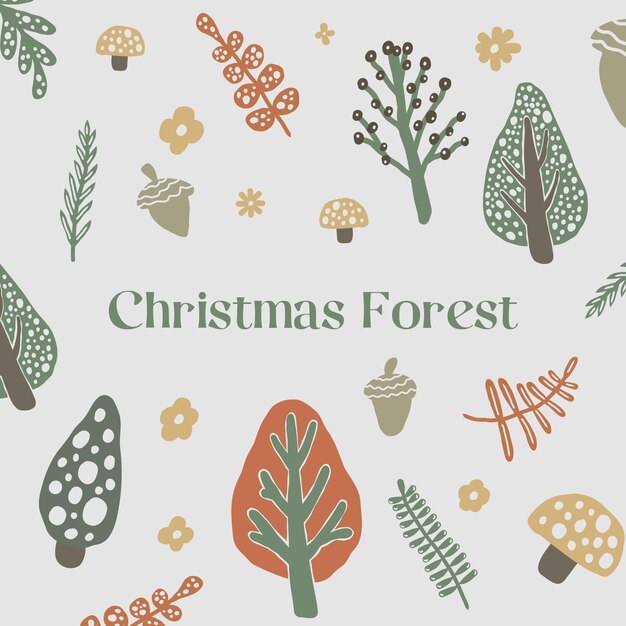 Conjunto de colección de diseño de vector de imágenes prediseñadas de bosque de Navidad dibujado a mano abstracto