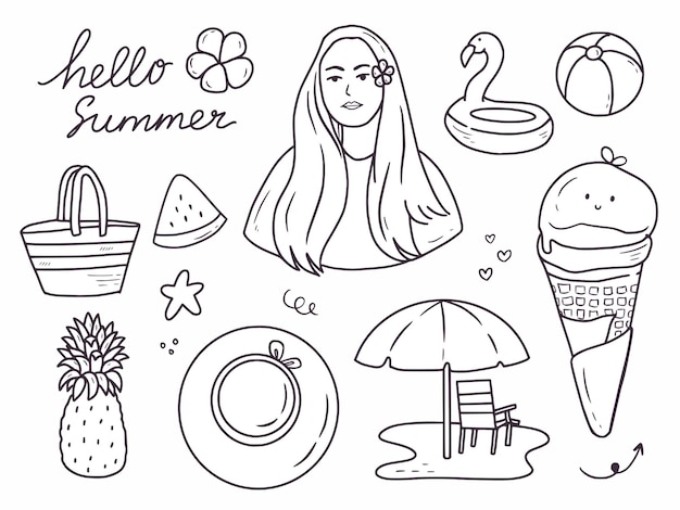 Conjunto de colección de doodle de dibujo a mano de icono de verano.