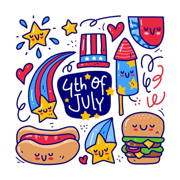 Conjunto de colección Doodle del elemento 4 de julio