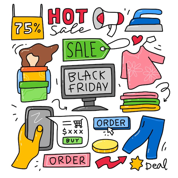 Conjunto de colección de Doodle del elemento Black Friday.