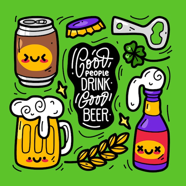 Vector conjunto de colección doodle de elemento de cerveza. dia internacional de la cerveza