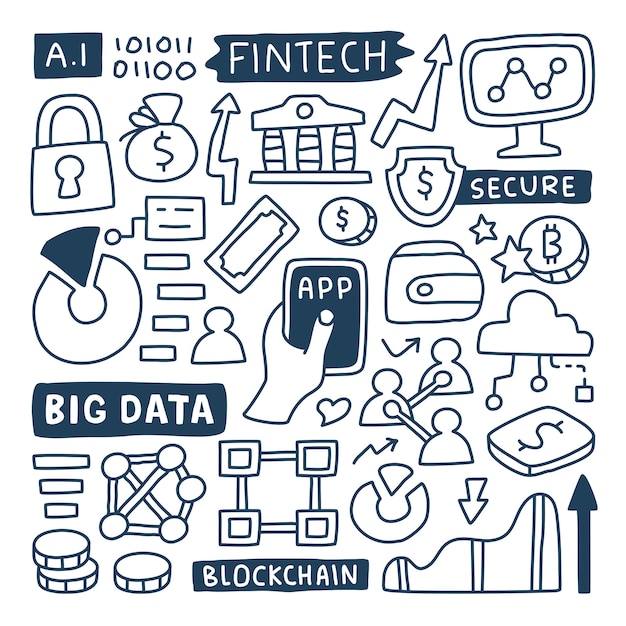 Conjunto de colección de Doodle de elemento fintech.