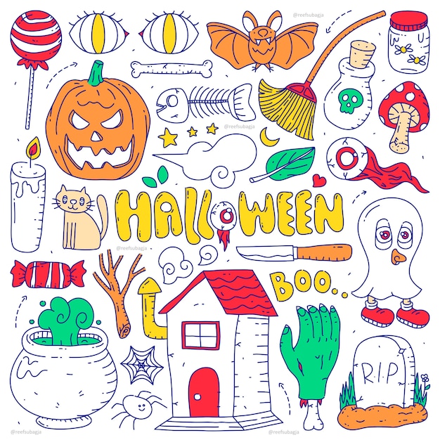 Conjunto de colección doodle de elemento de halloween sobre fondo blanco aislado. feliz halloween