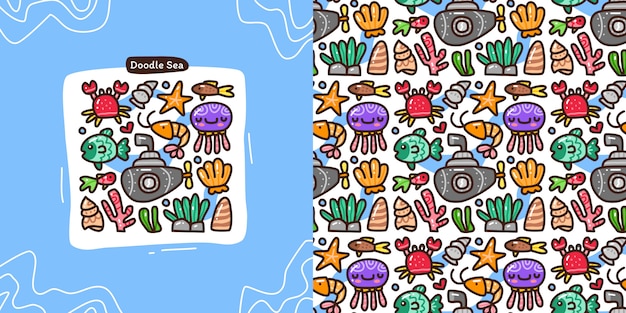 Conjunto de colección Doodle de elemento de mar y patrones sin fisuras