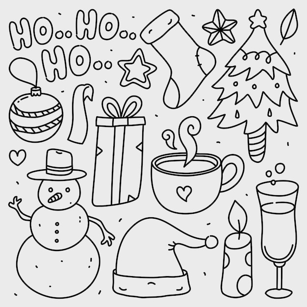 Conjunto de colección Doodle de elemento de Navidad en blanco aislado