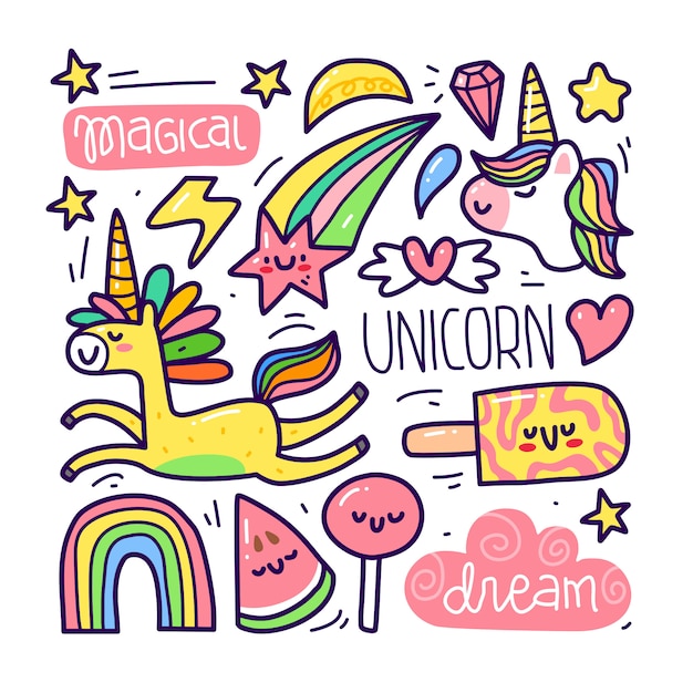 Conjunto de colección doodle de elemento unicornio