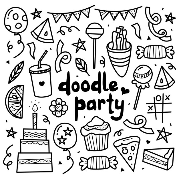 Conjunto de colección doodle de elementos de fiesta de cumpleaños