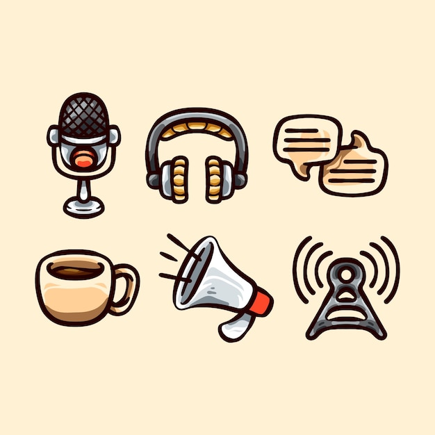 Conjunto de colección de doodle de podcast