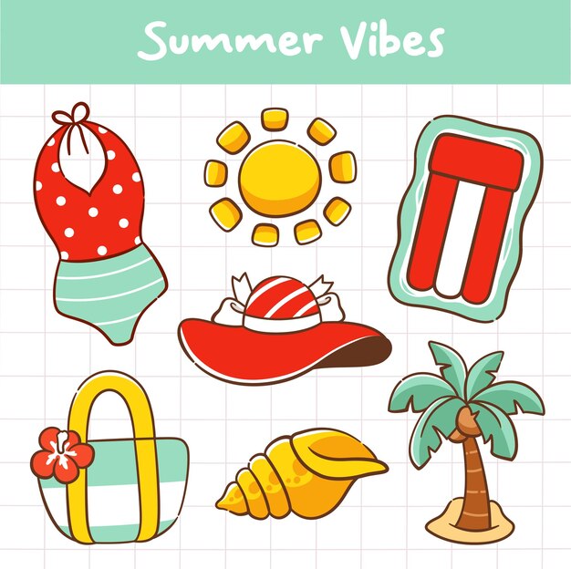 Conjunto de la colección de elementos bonitos dibujados a mano de verano