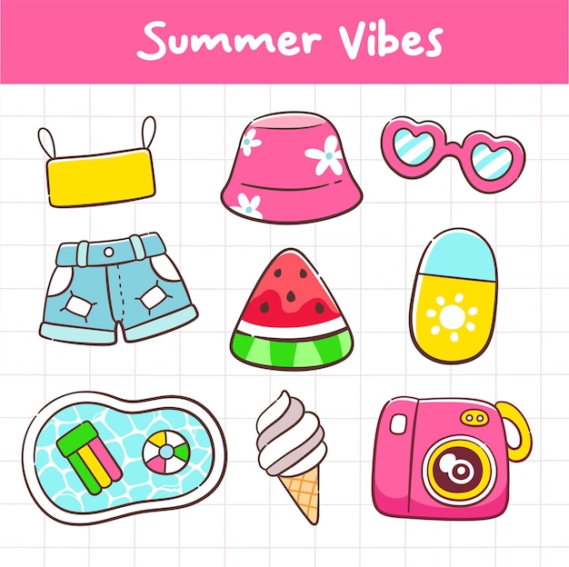 Conjunto de la colección de elementos bonitos dibujados a mano de verano