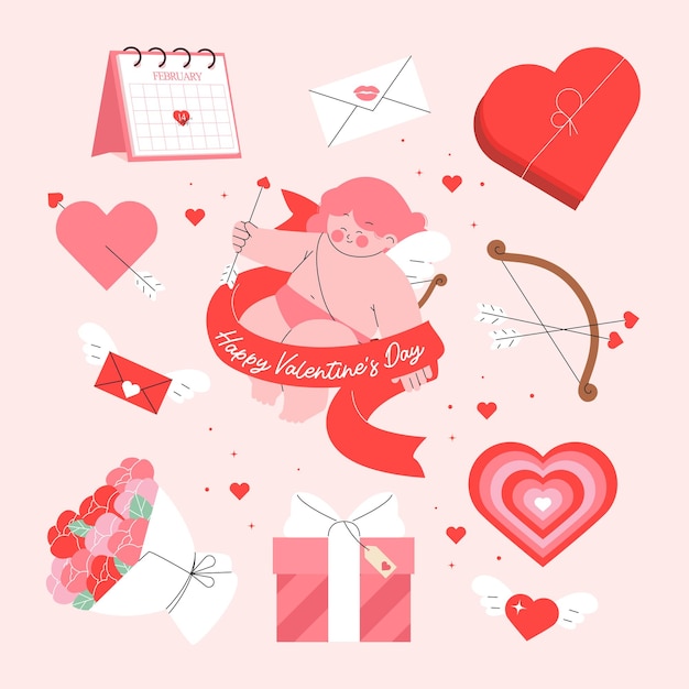 conjunto de colección de elementos de celebración de día de san valentín plano de vector