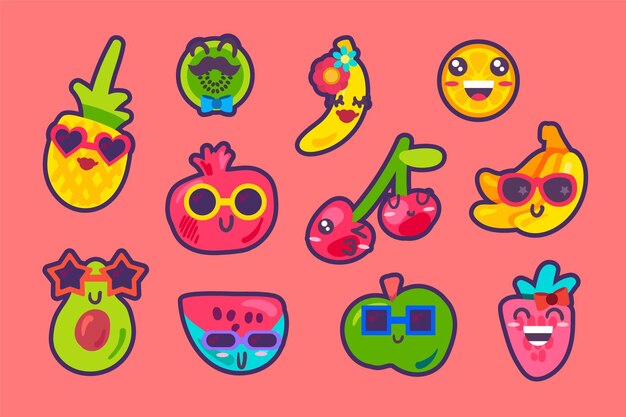 Vector conjunto de colección de emociones emoji de frutas de verano