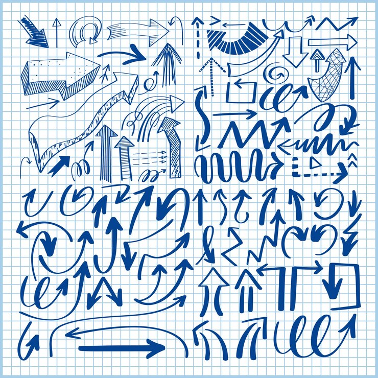 Vector conjunto de colección de flechas aisladas de dibujo a mano en la hoja rayada de fondo de papel para publicidad