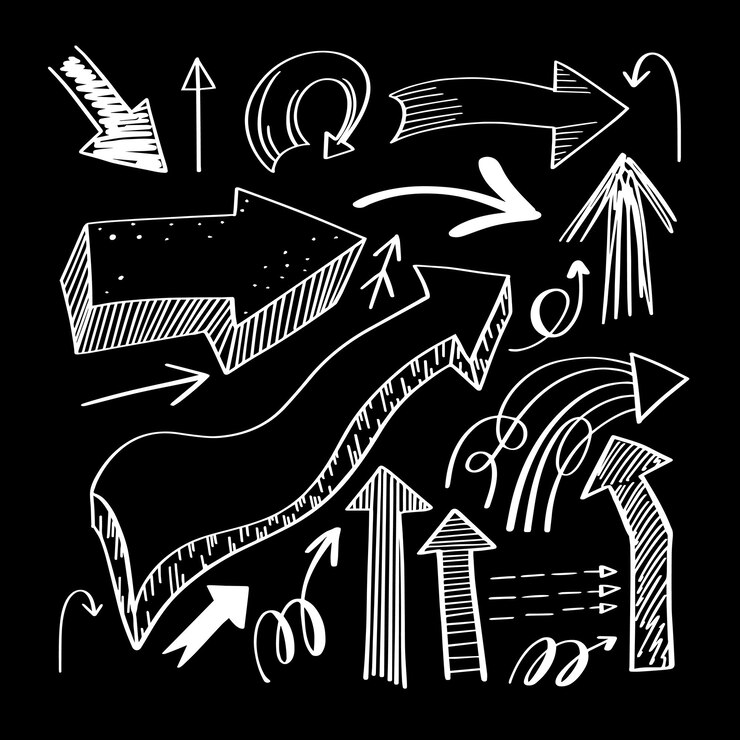 Vector conjunto de colección de flechas aisladas de dibujo a mano sobre fondo blanco para publicidad