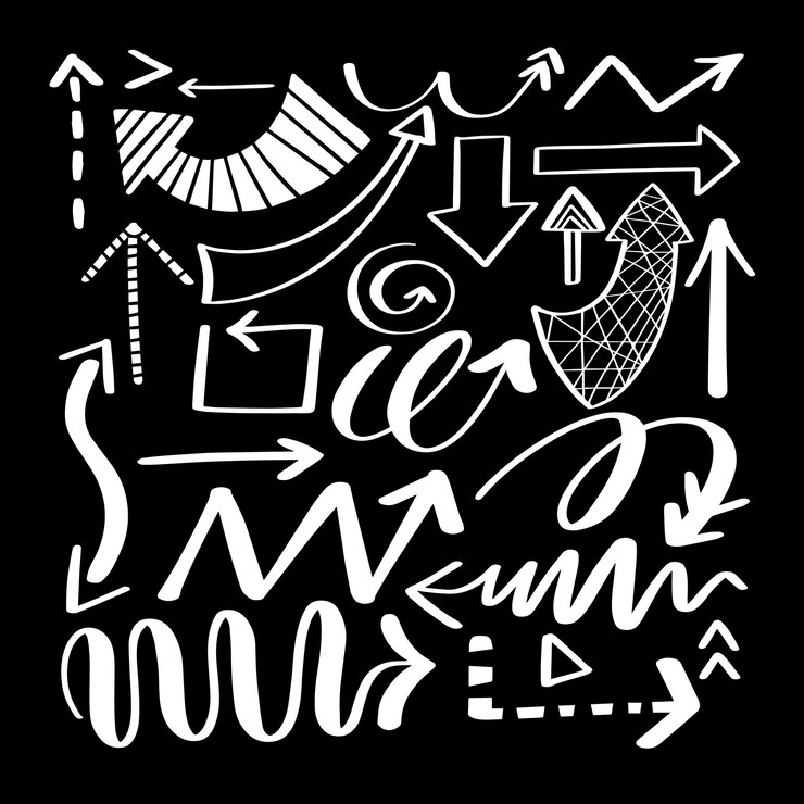 Vector conjunto de colección de flechas aisladas de dibujo a mano sobre fondo blanco para publicidad