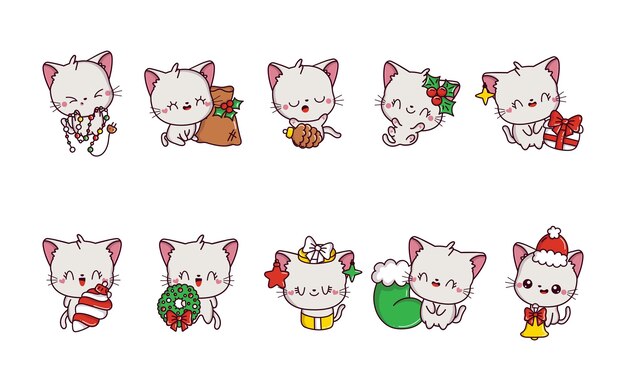 Conjunto de colección de gatos blancos navideños vectoriales de arte animal navideño aislado kawaii para pegatinas