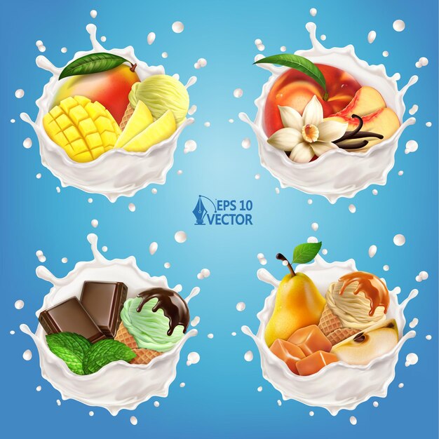 Vector conjunto de colección gourmet vectorial helado de sabor realista caramelo derretido o salsa de chocolate