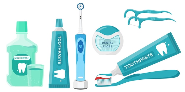 Vector conjunto de colección de herramientas de limpieza de higiene bucal pasta de dientes cepillo de dientes hilo dental y líquido de enjuague bucal