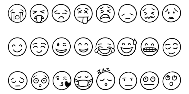 Conjunto de colección de iconos de emoji de estilo de contorno dibujado a mano aislado sobre fondo blanco, ilustración vectorial.
