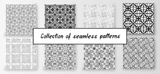 Conjunto de colección de ilustración vectorial patrón geométrico abstracto sin costuras dibujado a mano en blanco y negro