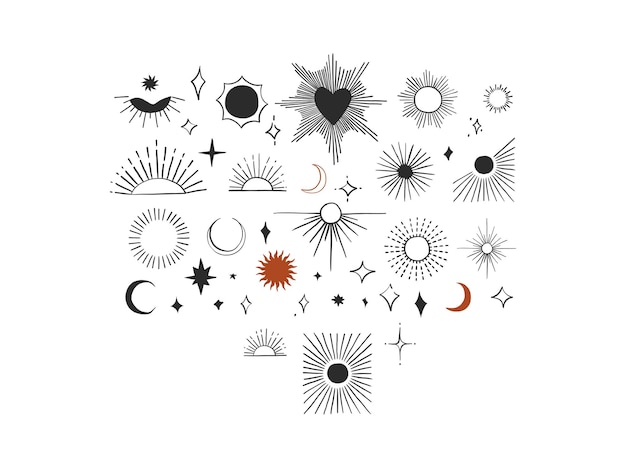 Conjunto de colección de ilustraciones de imágenes prediseñadas de signos gráficos vectoriales abstractos dibujados a mano de arte lineal rayos de sol luna y estrellas Concepto de diseño simple Arte de línea contemporáneo bohemio Elementos de diseño abstracto vectorial