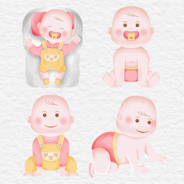 Conjunto de colección de imágenes prediseñadas de elemento de bebé niño y niña acuarela