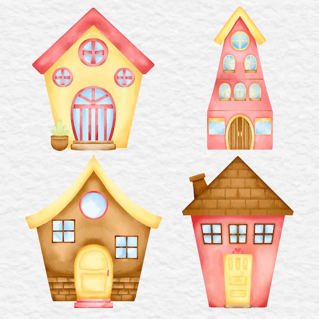 Conjunto de colección de imágenes prediseñadas de elemento de dibujos animados de casa de acuarela